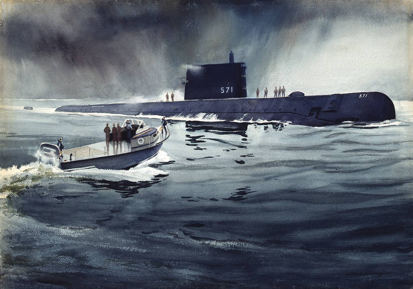A painting of USS <em>Nautilus</em> (SSN-571), by Albert Murray, dated 1959. <em>Naval History and Heritage Command photograph, 88-195-HL</em>