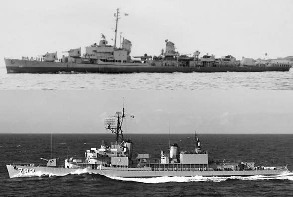 <em>Gearing</em> class destroyers USS <em>Sarsfield</em> (DD-837; top) in 1945 and USS <em>Rowan</em> (DD-782; bottom) in 1965, after FRAM conversion. <em>U.S. Navy</em>