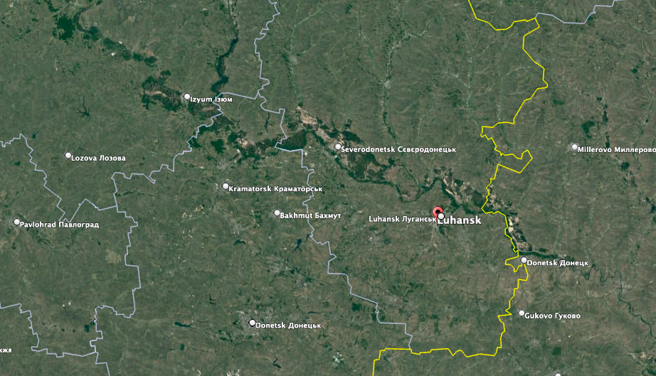 Luhansk City is about 60 to 70 miles behind the front lines. (Google Earth image)