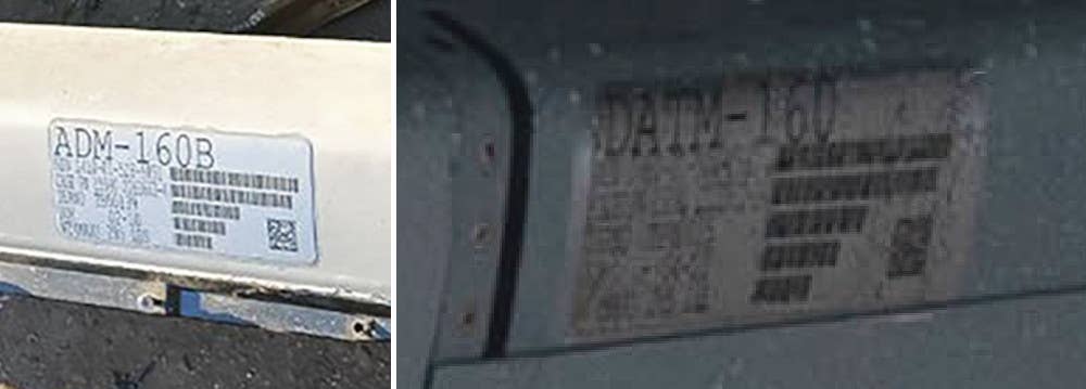 A close-up of the ADM-160B label on the debris said to have been recovered in Ukraine's Luhansk region today, at left, alongside the label from a known DATM-160 training variant of the MALD, at right. <em>via Twitter / USAF</em>