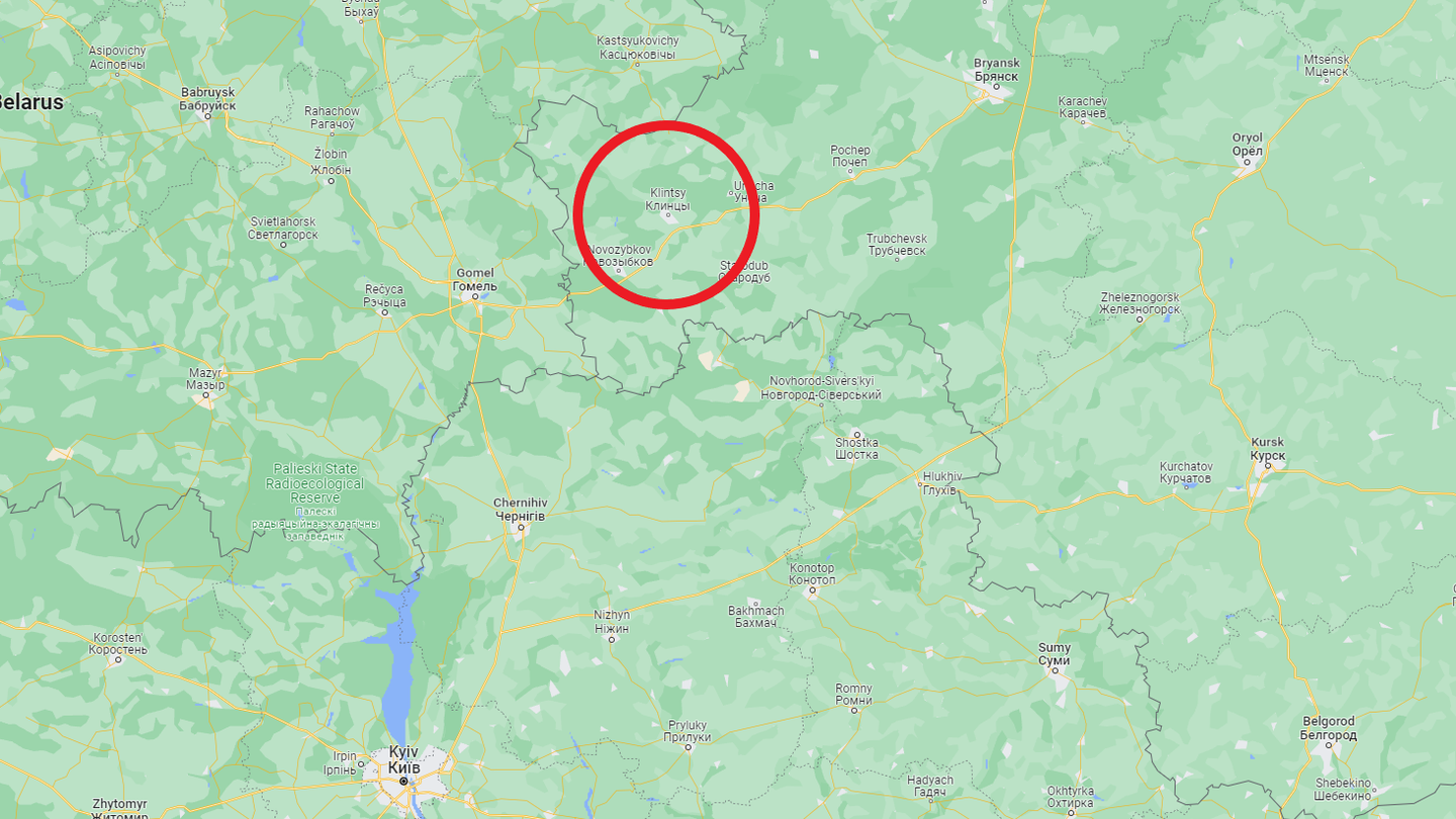 Klintsy in relation to the Ukrainian border (via Google Maps).