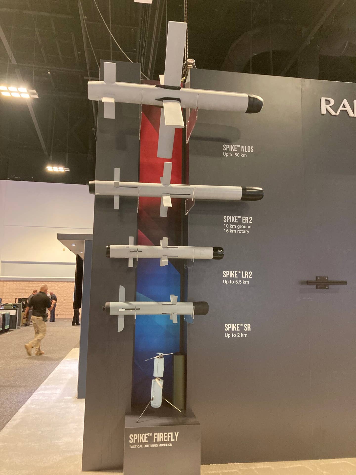The Spike family of loitering munitions, made by Rafael Advanced Defense Systems, on display last week at SOFWeek in Tampa. (Howard Altman photo)