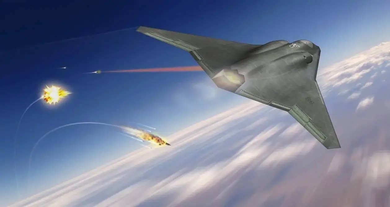 Another rendering of a sixth-generation combat jet, depicted here firing a directed energy weapon. The development of lasers and other direct energy weapons is another aspect of the broader NGAD program. <em>Northrop Grumman</em>