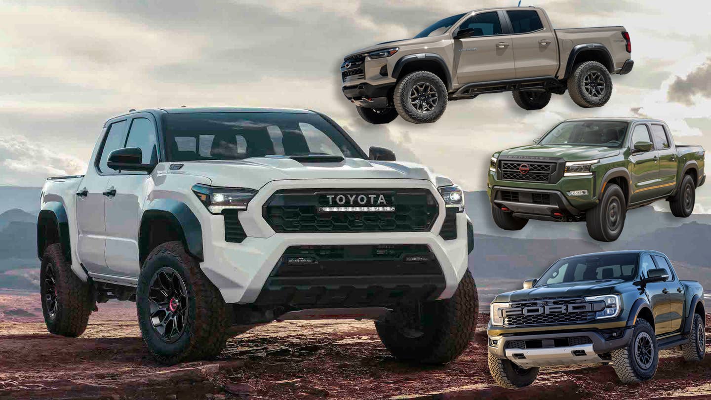 2024 Toyota Tacoma TRD Pro alongside 2023 Chevrolet Colorado ZR2, 2024 Ford Ranger Raptor, and 2023 Nissan Frontier Pro-4X