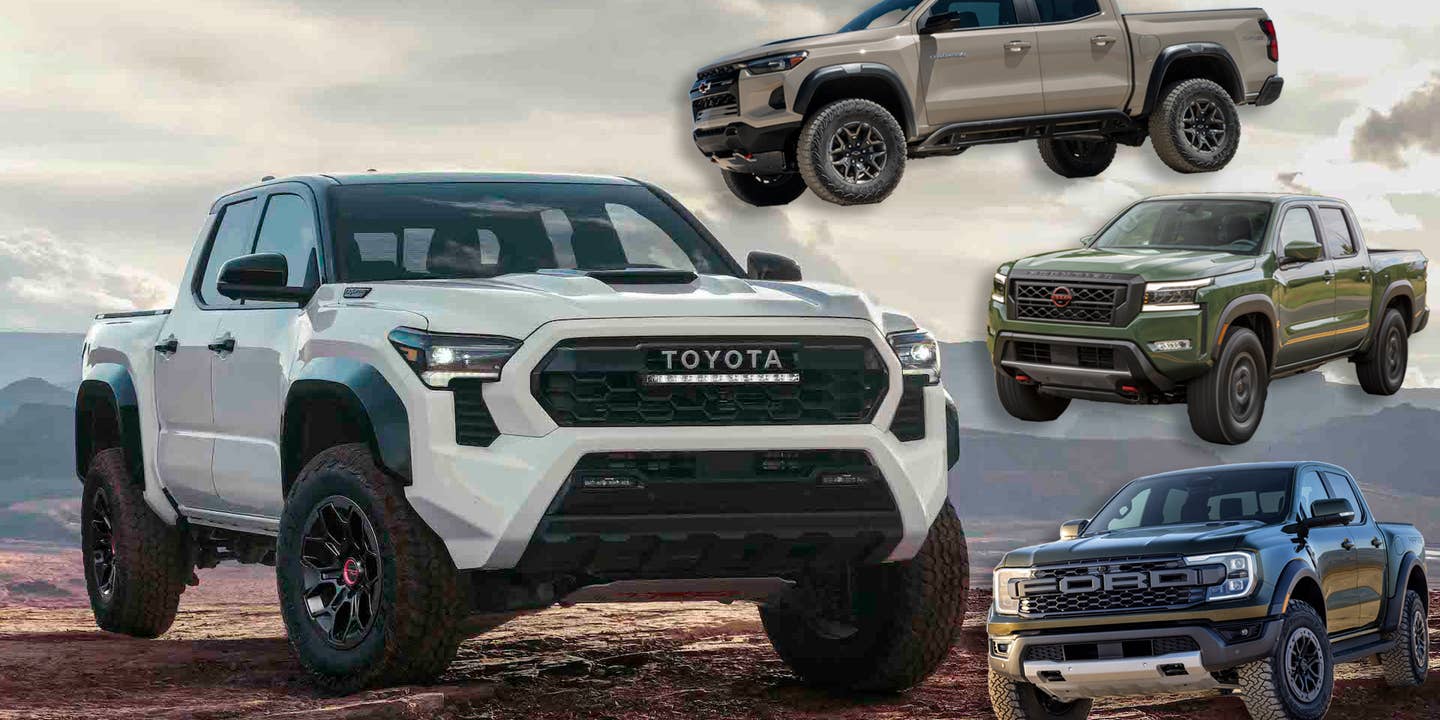2024 Toyota Tacoma TRD Pro alongside 2023 Chevrolet Colorado ZR2, 2024 Ford Ranger Raptor, and 2023 Nissan Frontier Pro-4X