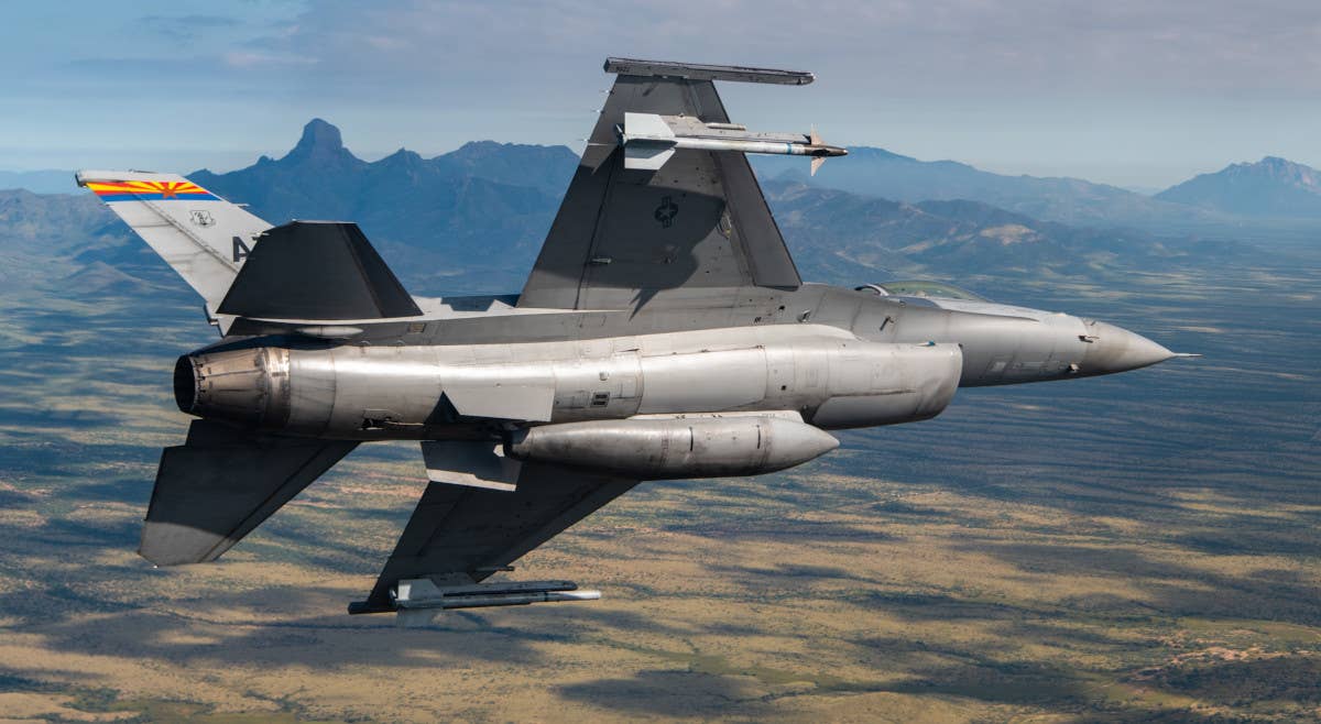 An F-16C assigned to the 162nd Wing during a real training flight in the skies over Southern Arizona. <em>Air National Guard</em>