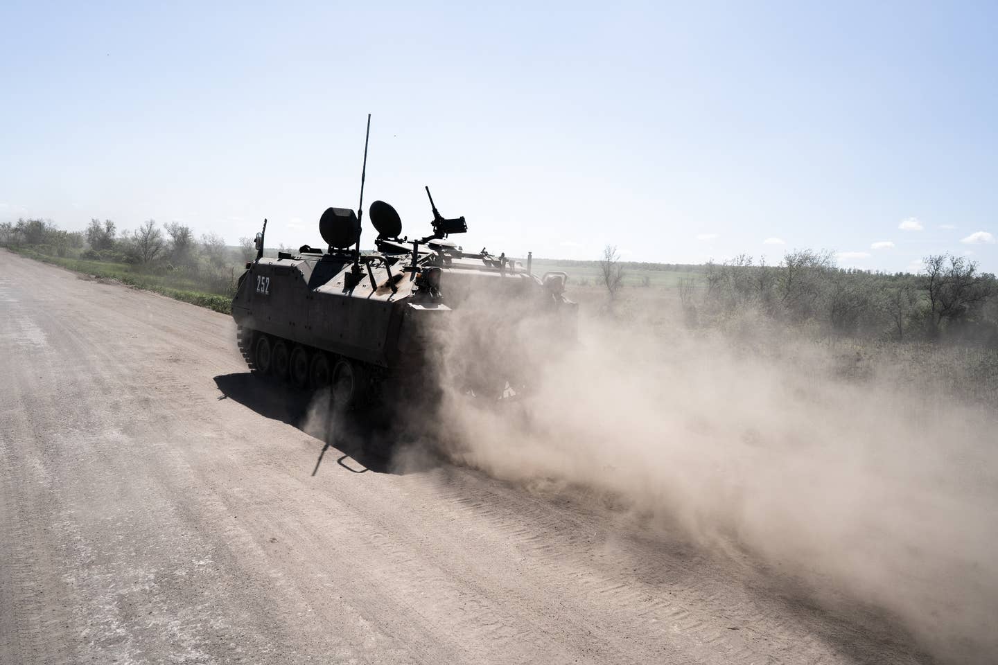 A Ukrainian YPR-765 armored infantry fighting vehicle heading to the front line south of Bakhmut, Donetsk Oblast, Ukraine, on May 17, 2023. <em>Photo by Vincenzo Circosta/Anadolu Agency via Getty Images</em>