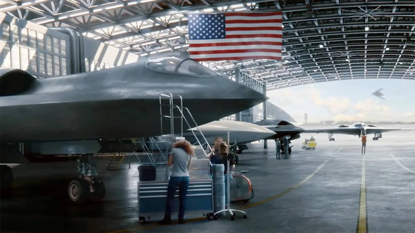A screen capture from a Northrop Grumman promotional video showing a rendering of an advanced combat jet concept, at left, among other aircraft. <em>Northrop Grumman capture</em>