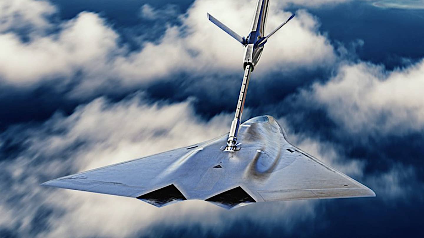 A depiction of a notional advanced stealth combat jet refueling in mid-air. <em>Lockheed Martin</em>