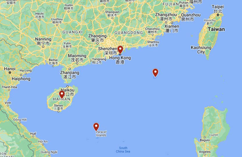 A map giving a general sense of various locations pertinent to this story, including Hainan Island to the West and Hong Kong to the North. Also marked are Woody Island, part of the Paracel Islands chain, to the South and Pratas Island to the East. <em>Google Maps</em>