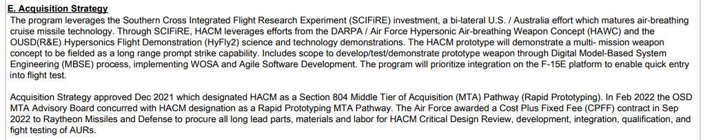 A section from the Air Force's 2024 Fiscal Year budget request explaining the service's plans for HACM and discussing other programs that are feeding into it. <em>USAF</em>