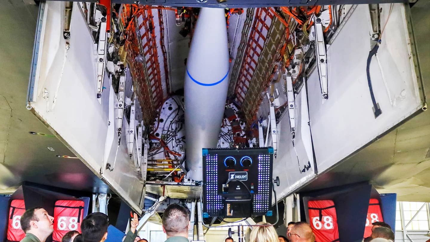 A mockup of a notional hypersonic missile in the bomb bay of a B-1B bomber. <em>USAF</em>
