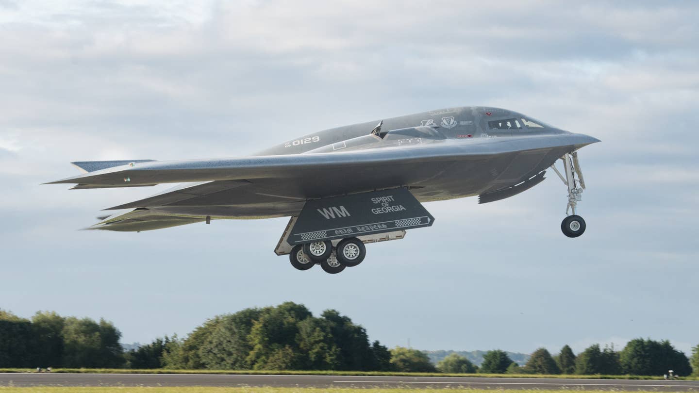 A B-2 bomber takes off from Whiteman Air Force Base in Missouri in 2019. <em>USAF</em>