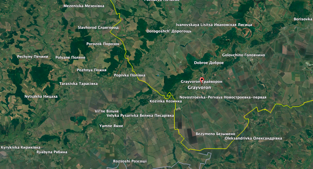 Parts of Grayvoron, about five miles from the border with Ukraine, were still controlled by pro-Ukrainian forces, the <em>Mash</em> media outlet reported Tuesday. (Google Earth image)