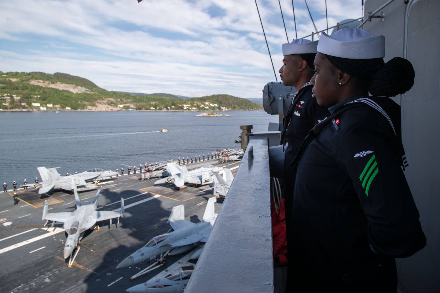 USS <em>Gerald R. Ford</em> (CVN 78) transits the Oslo fjord for its first port call in Oslo, Norway, May 24, 2023. <em>U.S. Navy Photo by Mass Communication Specialist 2nd Class Brian Glunt</em>