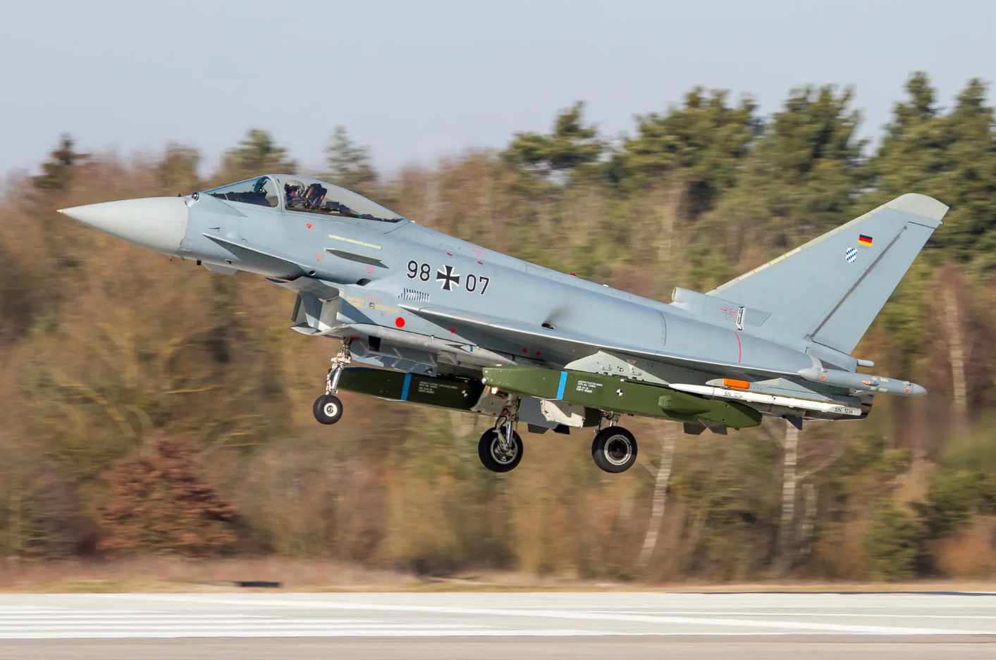 A German Eurofighter EF2000 jet seen carrying a pair of Taurus cruise missiles, but the capability to employ them from EF2000s was never fully developed.&nbsp;<em>Philipp Hayer/Wikimedia Commons</em>