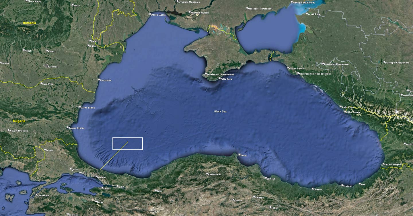 The Russians claim their ship was attacked about 200 miles from the nearest unoccupied Ukrainian coastline and 90 miles northeast of the Bosphorus Strait. The yellow line is 90 miles from the strait with the white box showing the general area of where the attack is claimed to have occurred. (Google Earth image)