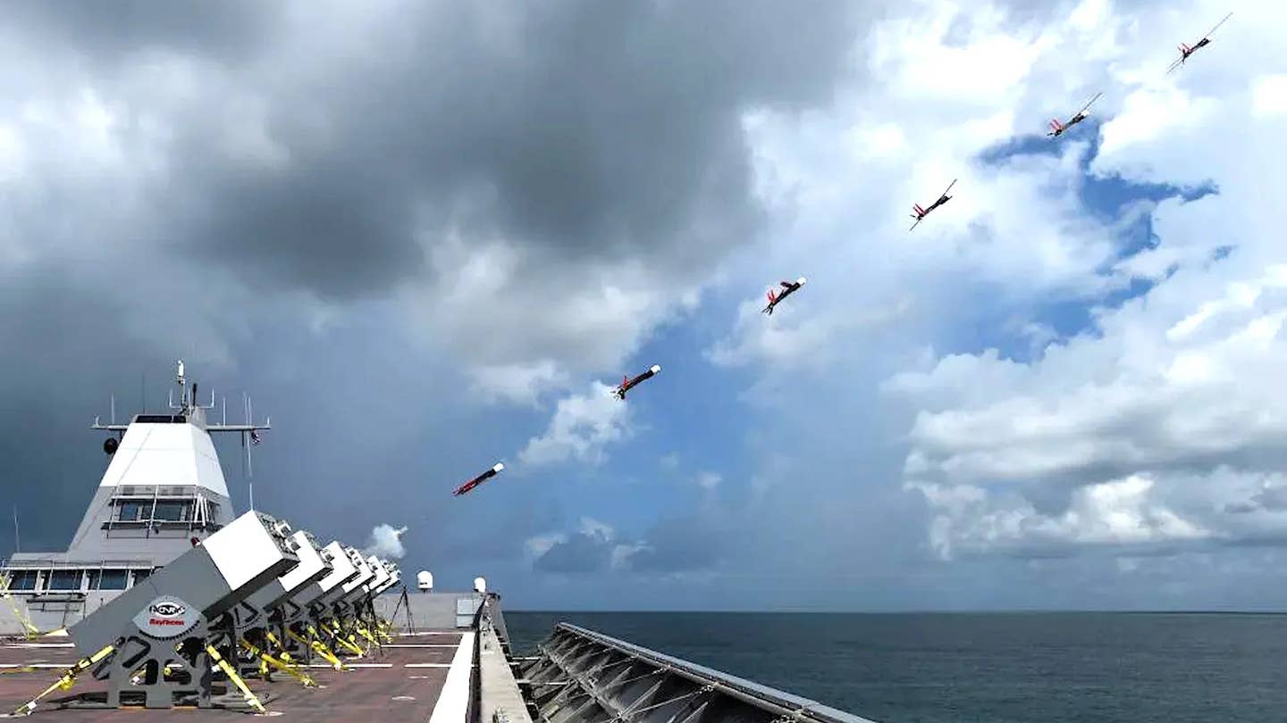 A timelapse of a Coyote-series drone being launched from a ship. <em>USN</em>