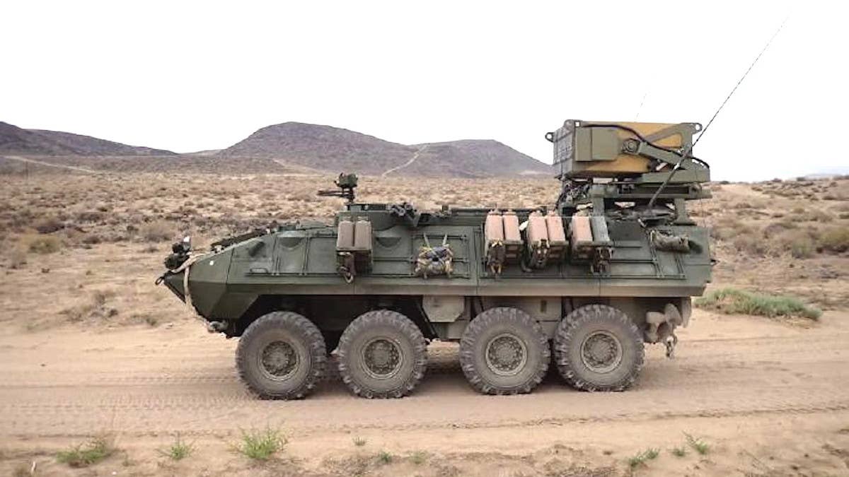 A LAV-25-series 8x8 light armored vehicle fitted with the Multi-Canister Launcher. <em>UVision</em>