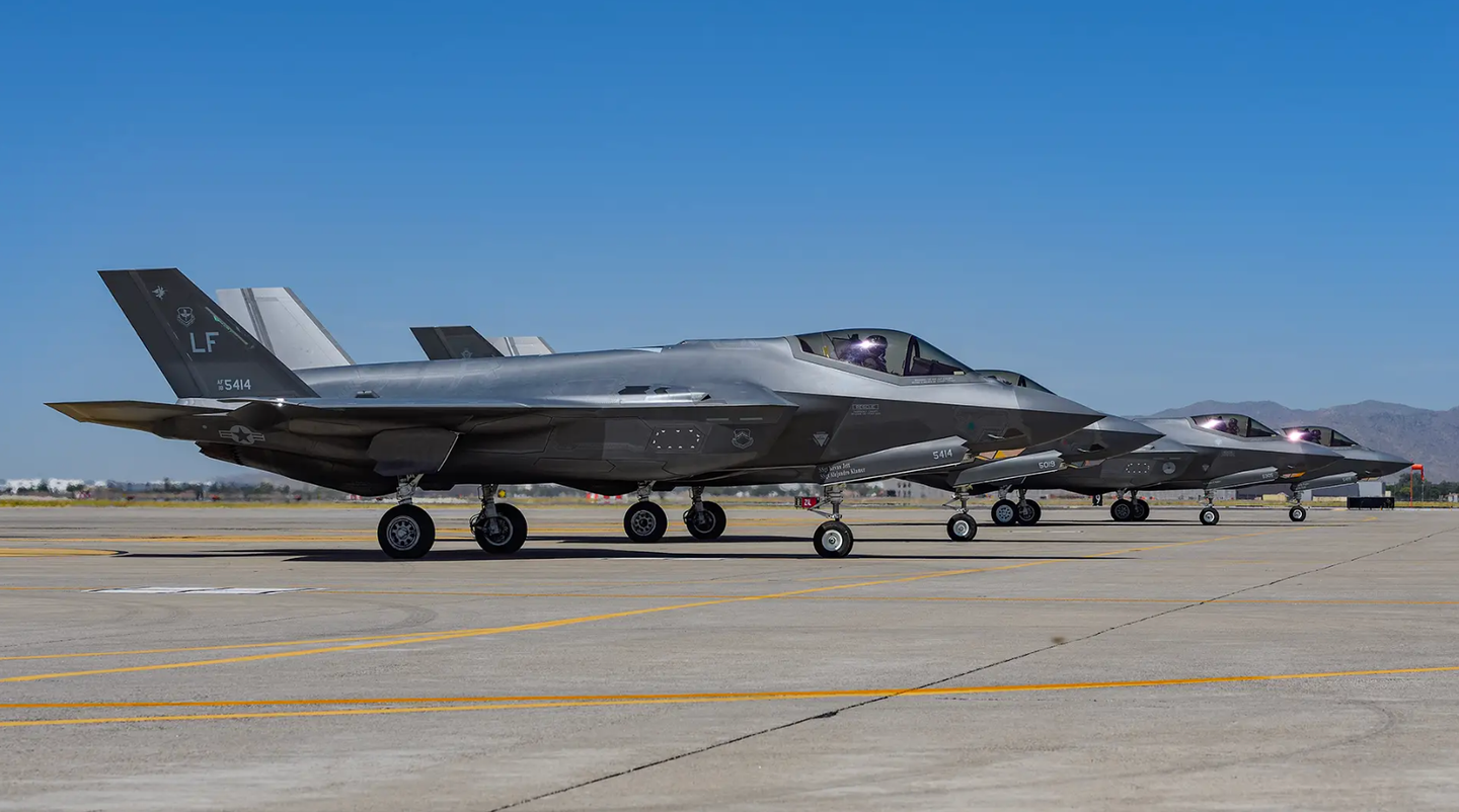 Four F-35As of Luke AFB’s 56th Fighter Wing, one of two Air Force F-35 training locations, now to be joined by a third at Kingsley Field.&nbsp;<em>Jamie Hunter</em><br>