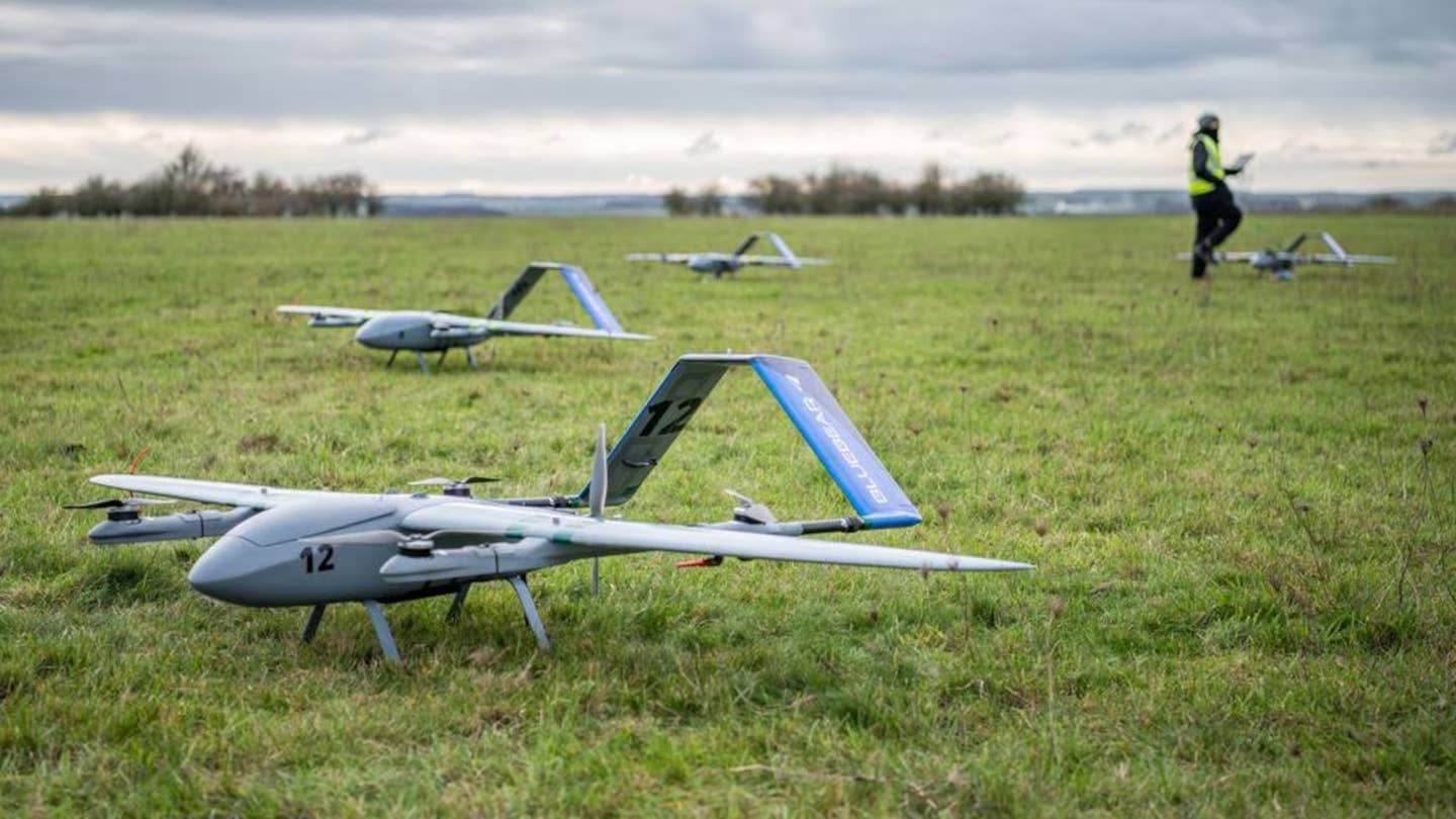 Some of the drones involved in the AUKUS Pillar II test in April 2023. <em>U.K. Defense Ministry</em>