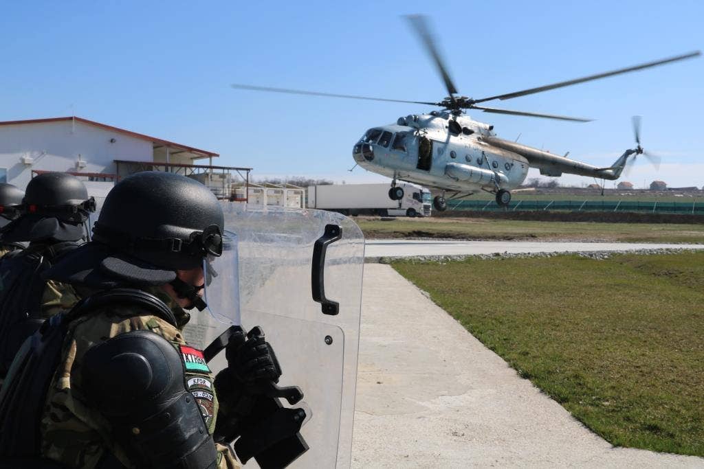 KFOR Tactical Reserve Battalion trained the rapidity to deploy a Company with Crowd and Riot Control skills by air. <em>NATO KFOR Facebook </em>