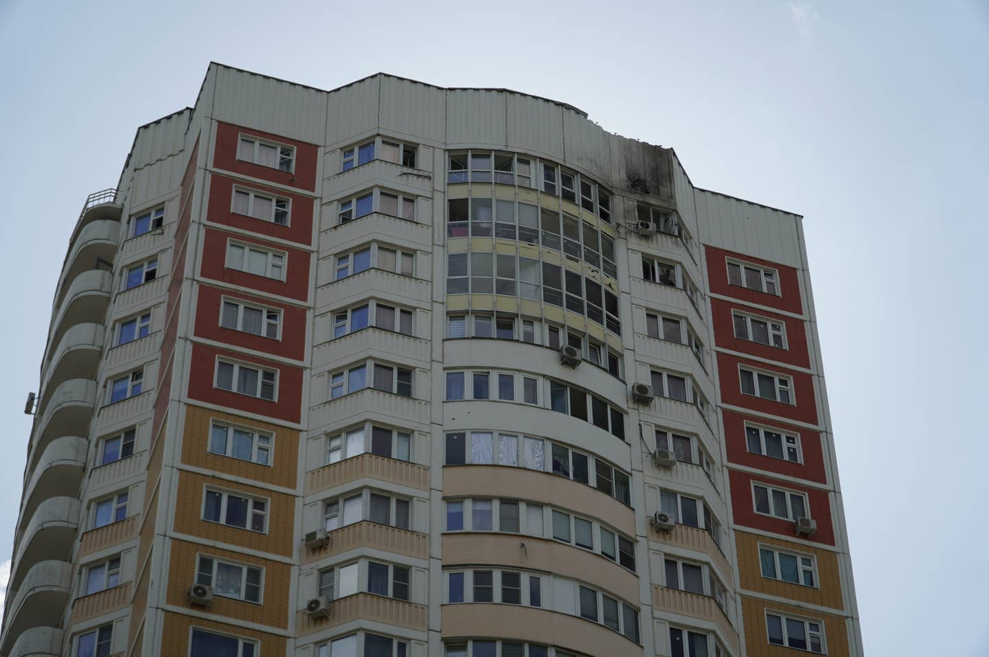 A view of damage to the top floor of an apartment building after the drone attack in Moscow on May 30, 2023. <em>Photo by Evgenii Bugubaev/Anadolu Agency via Getty Images</em>
