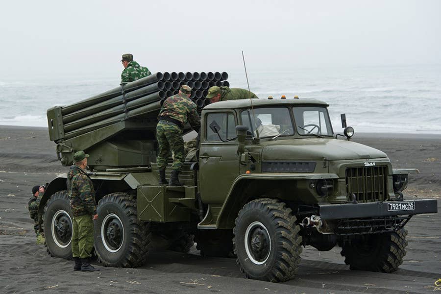 A BM-21PD Dampa belonging to the Russian Navy's Pacific Fleet during a drill. <em>Russian Ministry of Defense</em>