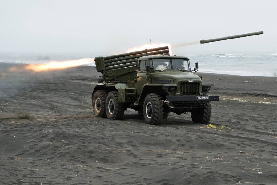 A BM-21PD fires a PRS-60 rocket. Not the rocket's flat front, which contributes to its reduced range. <em>Russian Ministry of Defense</em>