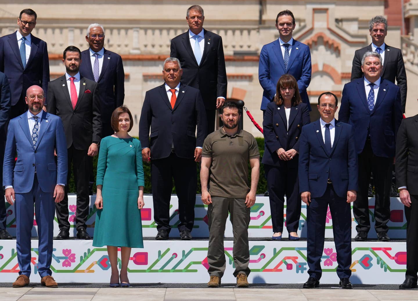 President of Ukraine, Volodymyr Zelensky, (center) poses with fellow European leaders for a photo ahead of the European Political Community (EPC) Summit near Chisinau, Moldova, on June 1, 2023. <em>Photo by Carl Court/Getty Images</em>