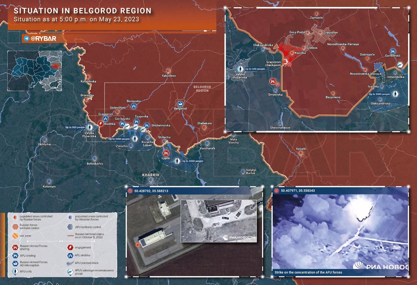 Rybar claims the attacks on Belgorod are part of the Ukrainian counteroffensive. (Rybar map)