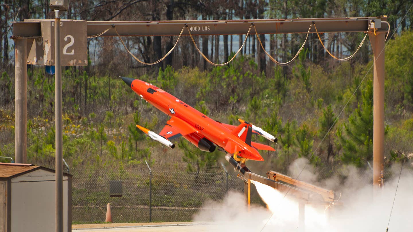 A BQM-167 sub-scale drone operated by the 82nd Aerial Targets Squadron is launched for a WSEP mission. <em>USAF/Sara Vidoni</em>