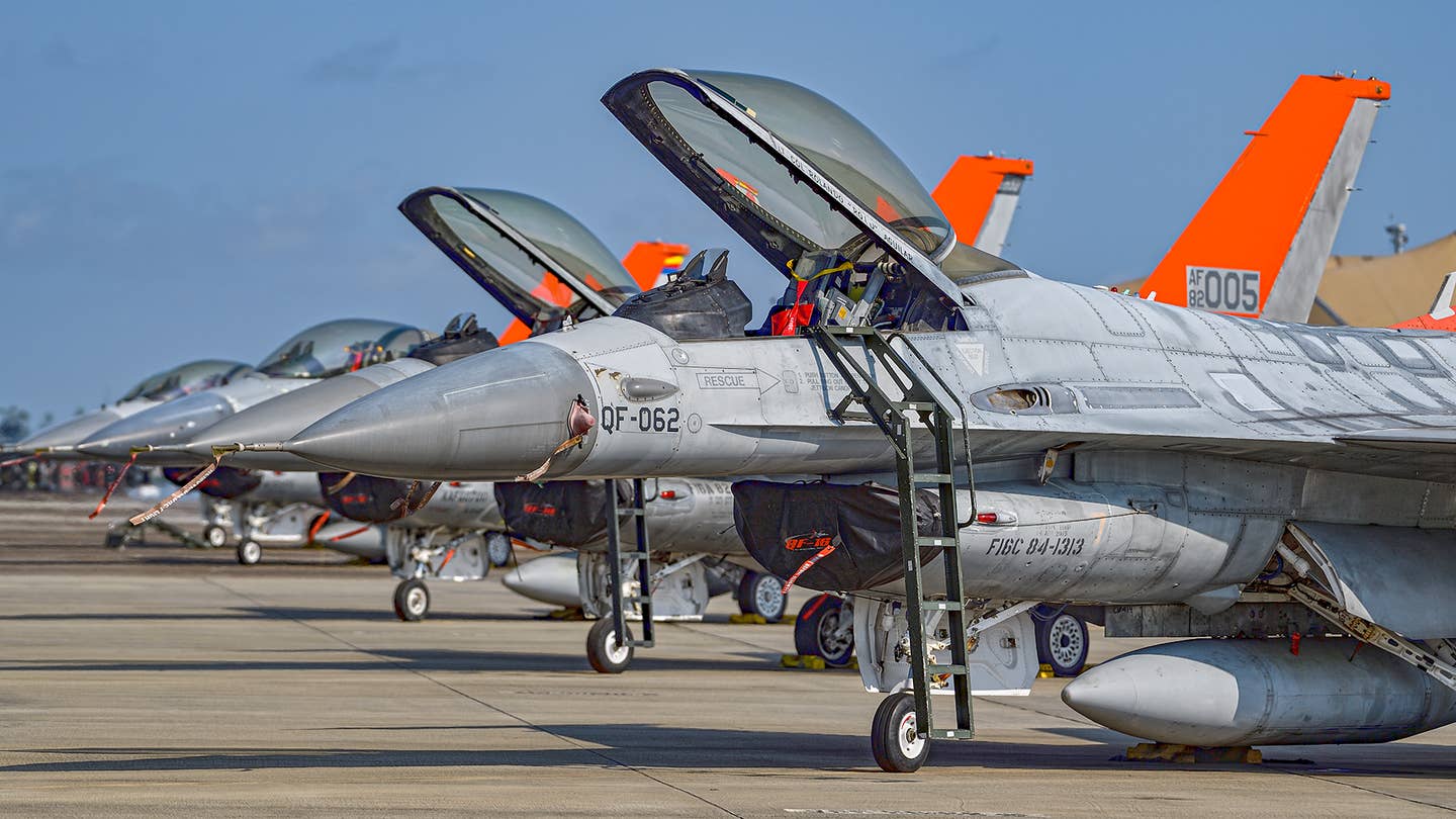 QF-16s on the 82nd ATRS flight line at Tyndall. These particular jets are used for manned missions for pilot currency and for training remote pilots. <em>Jamie Hunter</em>