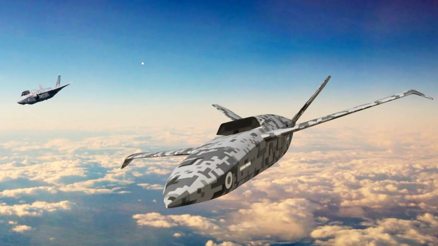 Digitally generated concept artwork of a British loyal wingman design flying alongside an F-35B, thought to represent the Project Mosquito technology demonstrator or a follow-on production version.&nbsp;<em>U.K. Ministry of Defense</em>