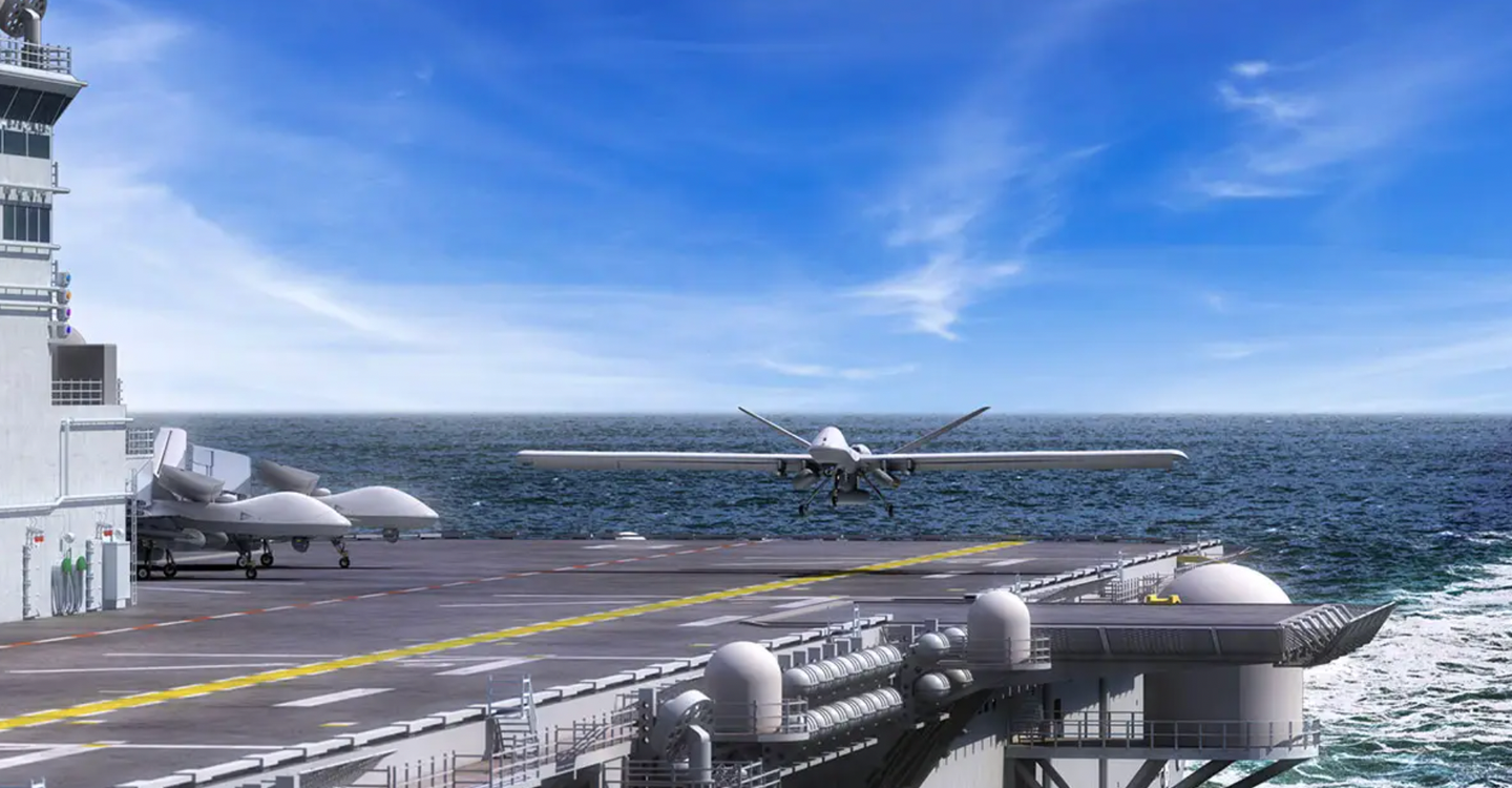 A rendering of a STOL variant of the MQ-9B coming in for a landing on an amphibious assault ship. The STOL MQ-9B concept has since been further developed as the Mojave.&nbsp;<em>GA-ASI</em>
