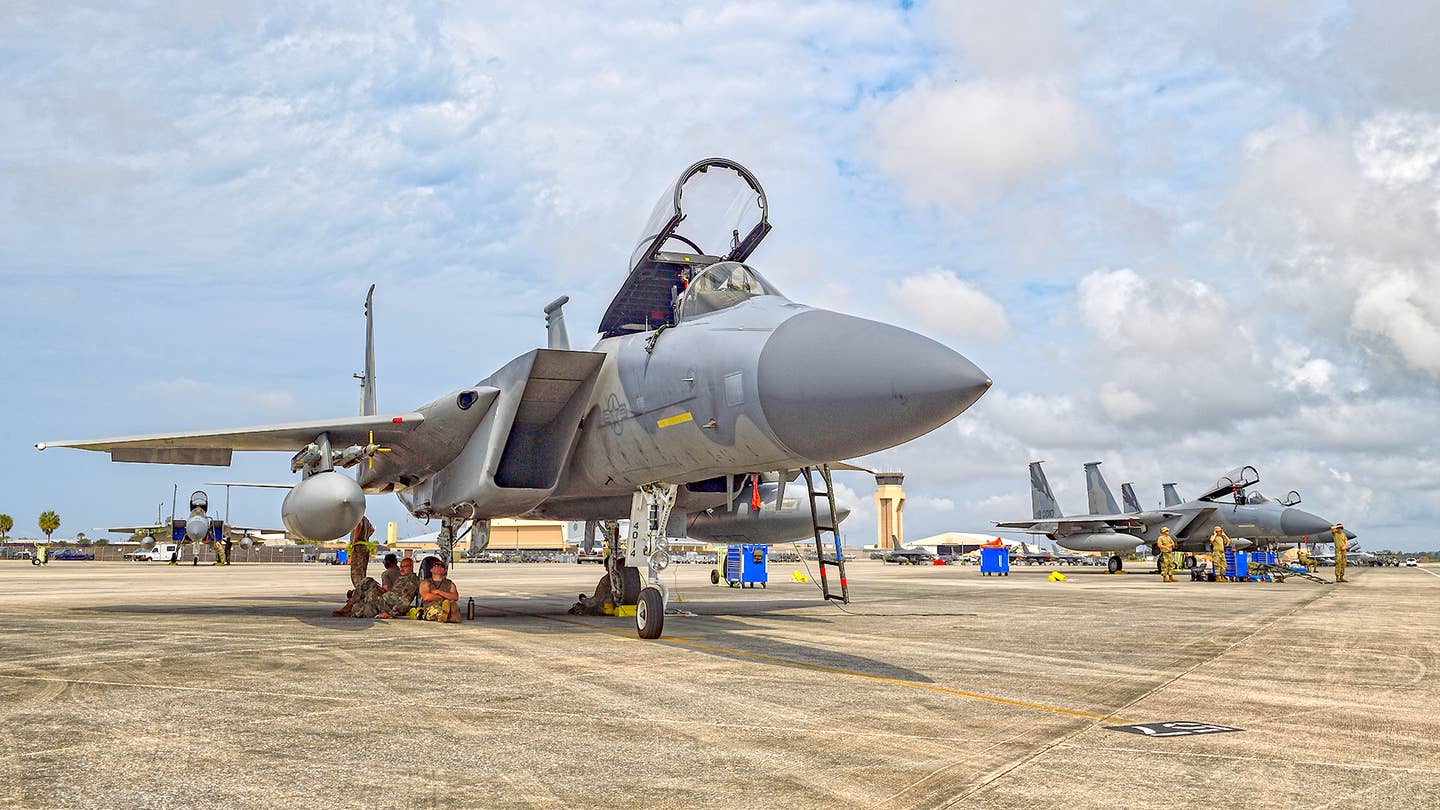 F-15Cs from the California Air National Guard at Tyndall for WSEP. <em>Jamie Hunter</em>
