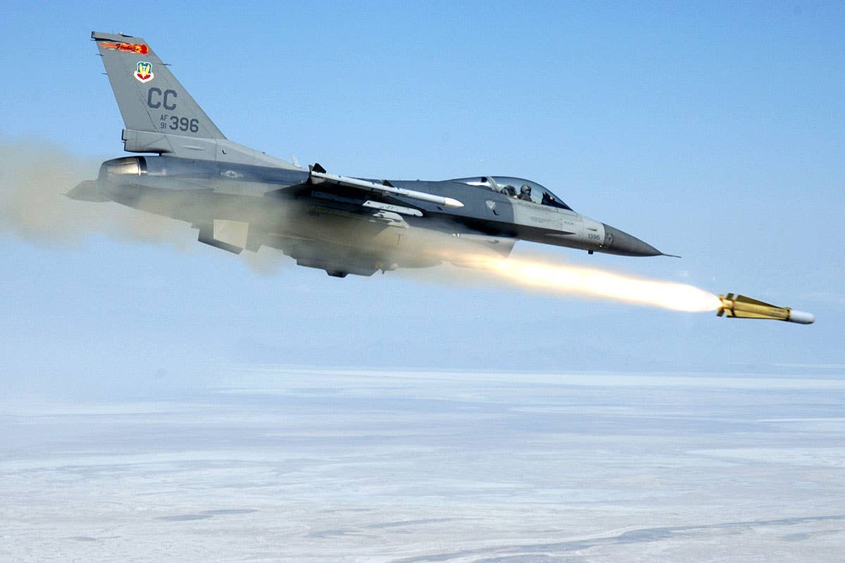An F-16C fires an AGM-65 Maverick. (USAF)