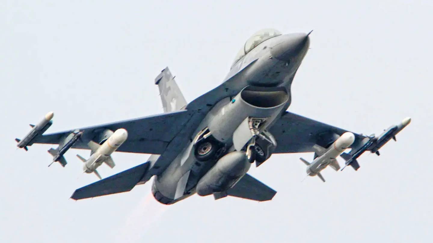 A Taiwanese F-16 takes off loaded with AGM-84 Harpoons. (ROCAF)
