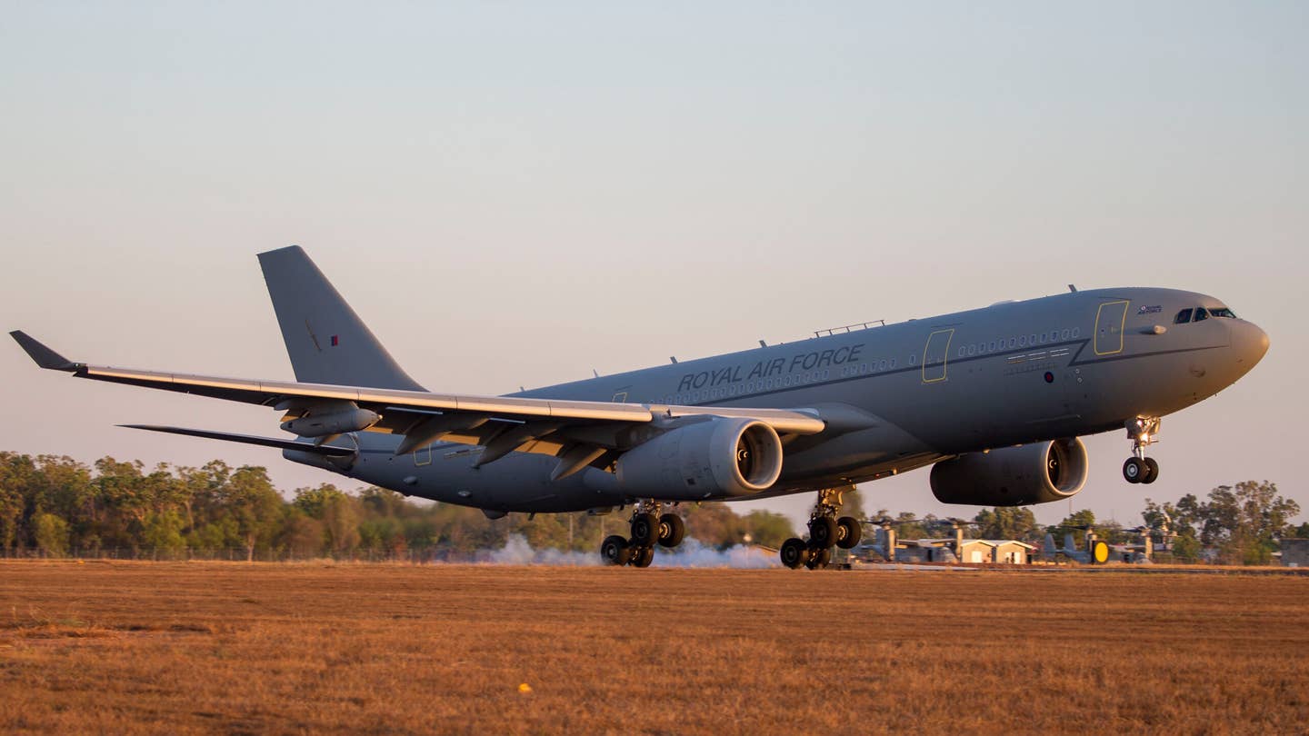 A U.K. Royal Air Force Voyager air-to-air refueling tanker. These versions of the A330 MRTT are operated under a leasing arrangement. <em>Crown Copyright</em>