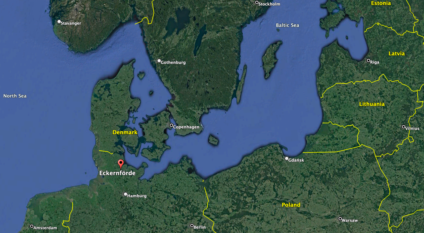 The location of Eckernförde, in the northern German state of Schleswig-Holstein. <em>Google Earth</em>