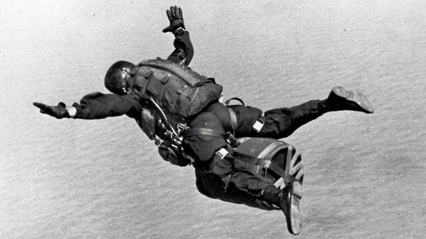 Green Beret conducts high-altitude freefall jump with an SADM