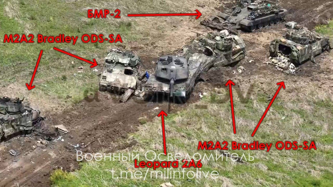An annotated view of the damaged Bradleys and other vehicles. (Warrior DV Telegram channel)