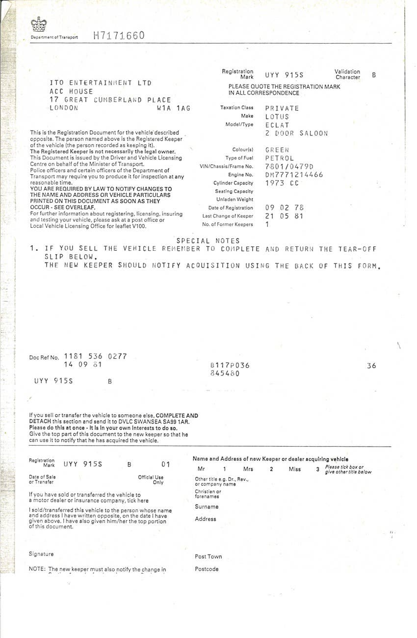 Registration card for Jim Henson's 1978 Lotus Éclat