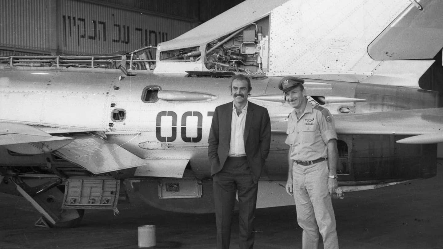 Sean Connery standing in front of the MiG-21 that Iraqi pilot used to defect to Israel. <em>Israeli Air Force</em>