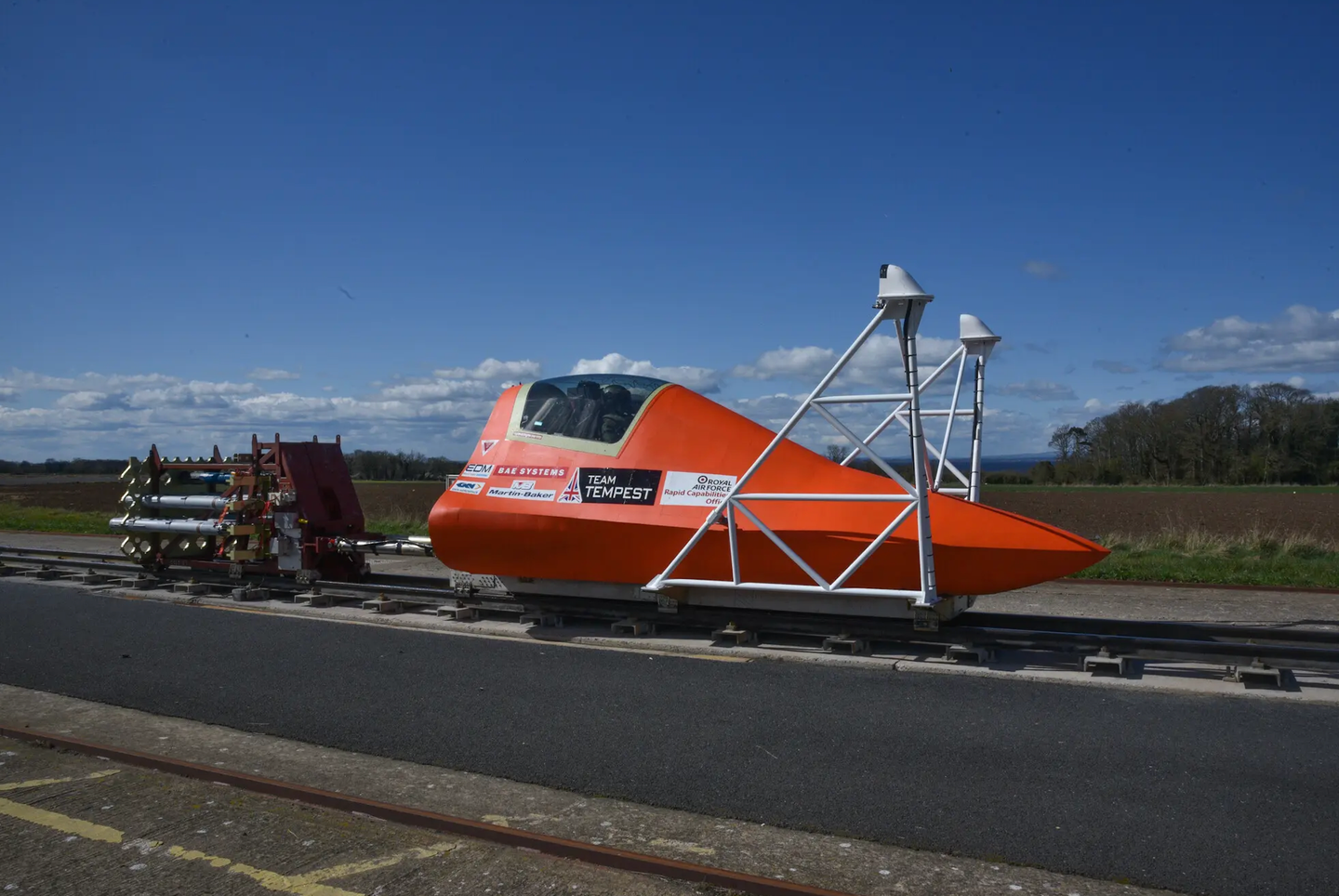 The “representative forward fuselage design” used for ejection tests, coupled to the rocket sled. <em>BAE Systems</em>