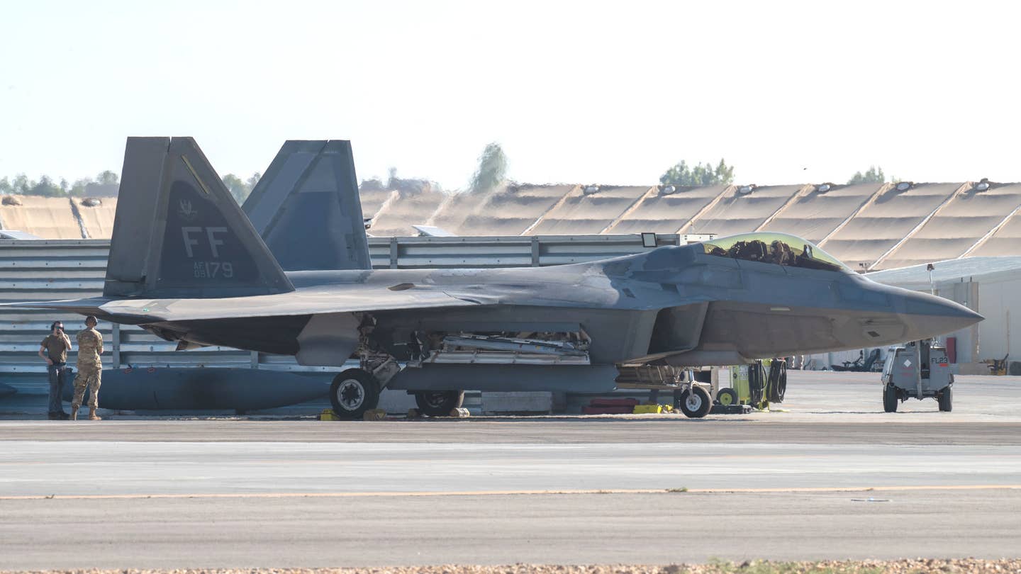 An F-22 after deploying to the Middle East earlier today. <em>USAF</em>