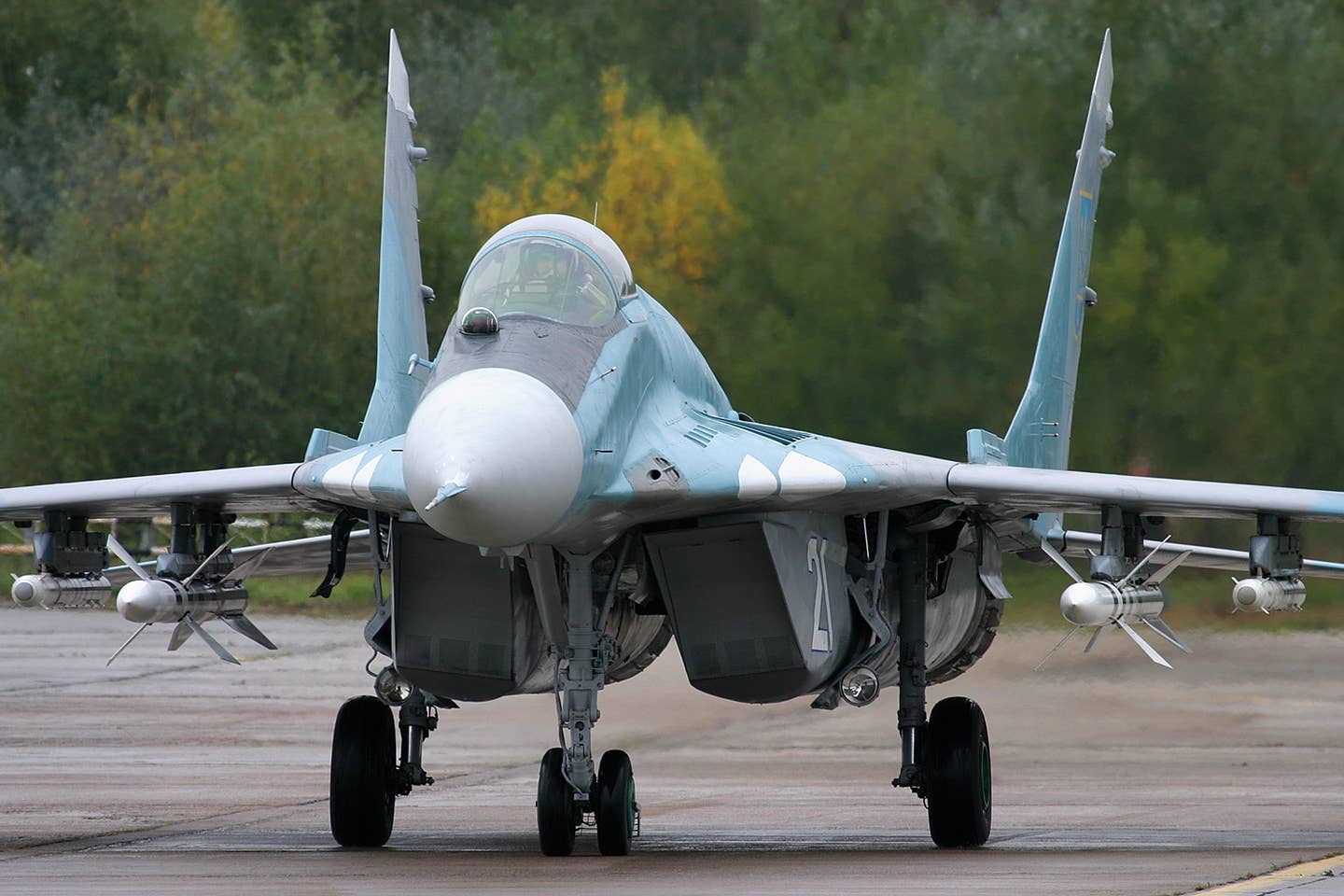 An example of a pre-war Ukrainian MiG-29 with a light gray radome and with inert R-27R missiles on the inner underwing pylons. <em>Oleg V. Belyakov/Wikimedia Commons</em>