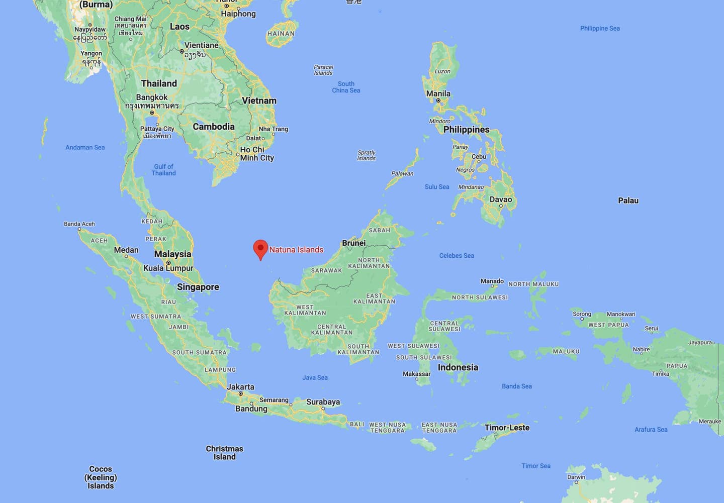 Natuna Islands in relation to the South China Sea and Indonesia. <em>Google Maps</em>