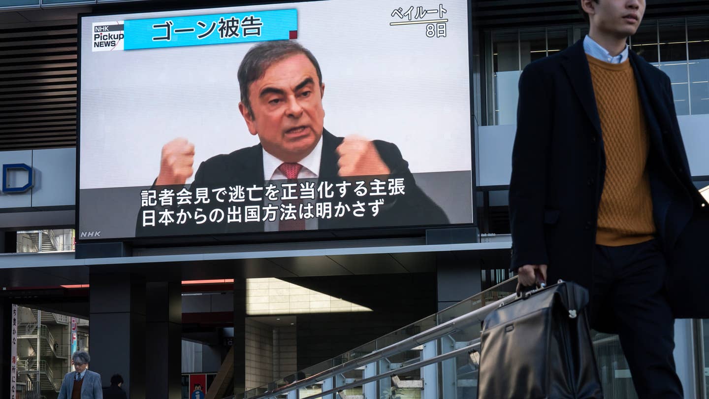<em>Carlos Ghosn broadcast after fleeing arrest in Japan | via Getty Images</em>