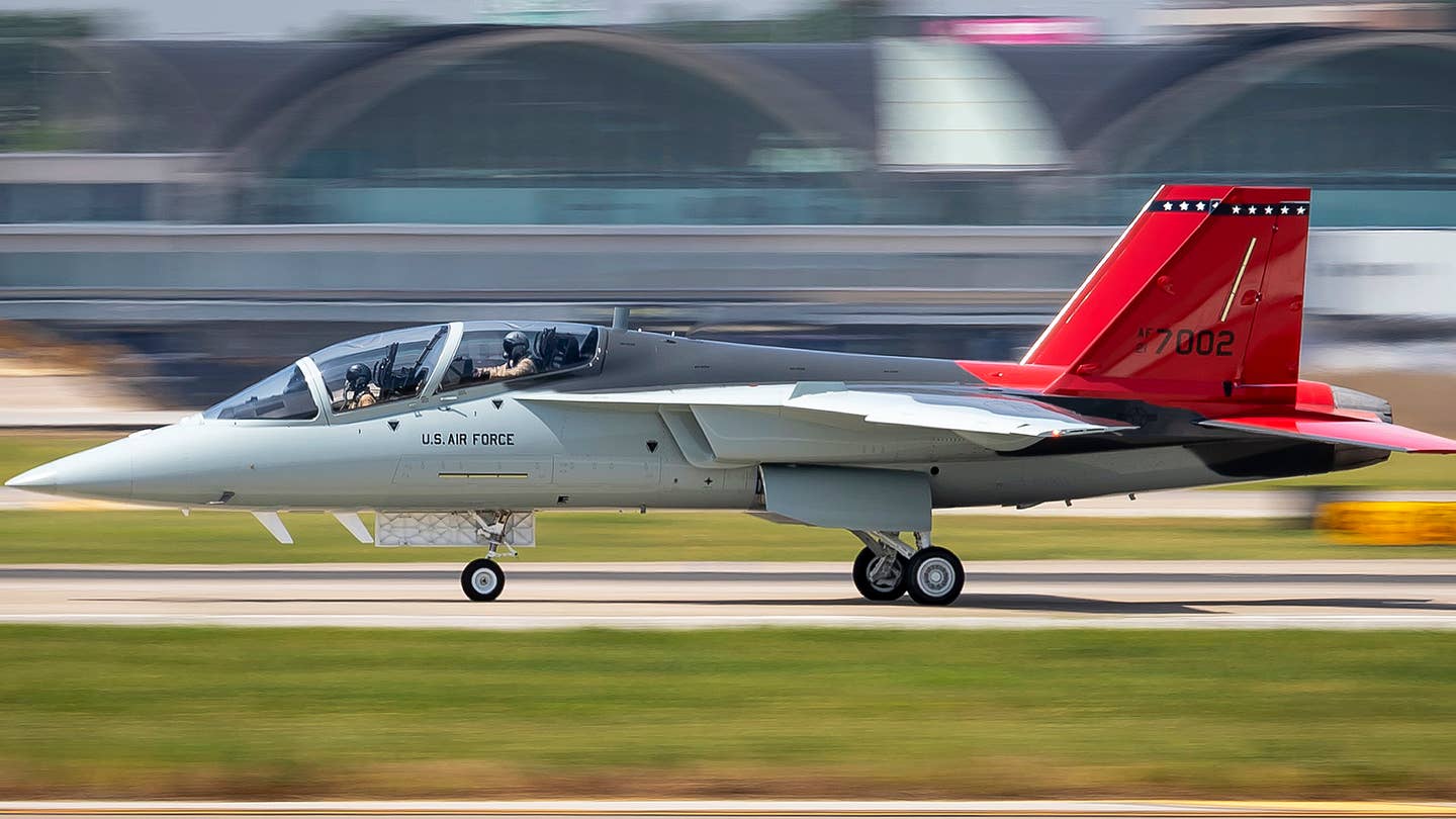 A T-7A Red Hawk completes a taxi test, at Lambert St. Louis International Airport, St. Louis, Missouri. Boeing